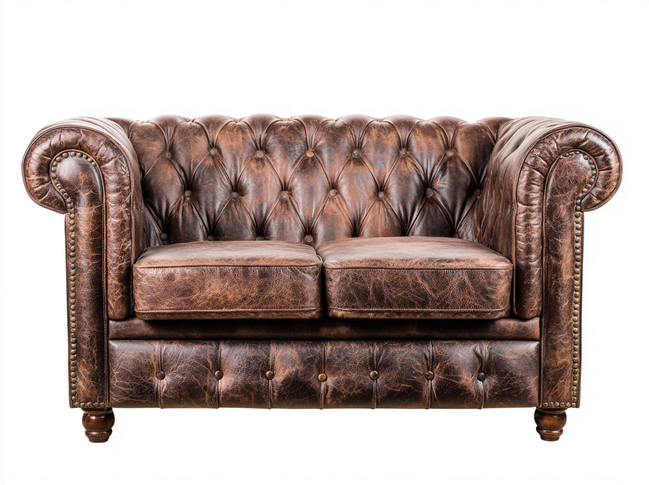 Canapé 2 places - cuir-bois-métal - 168 x 87 x 79 cm - marron vieilli - style chesterfield
