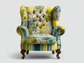 Fauteuil-tissu-bois-108x88x96 cm-jaune-vert-bleu-style vintage floral