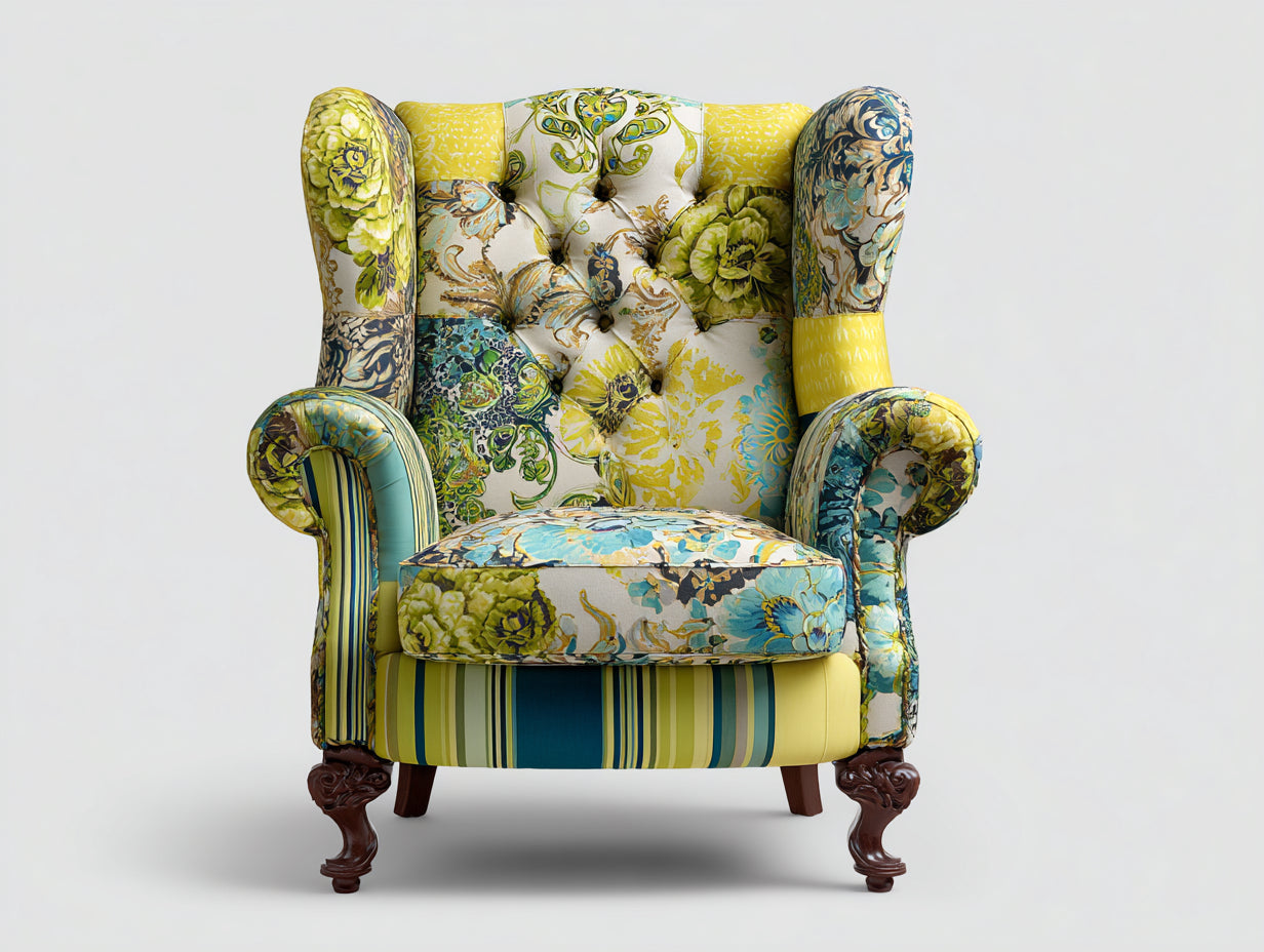 Fauteuil-tissu-bois-108x88x96 cm-jaune-vert-bleu-style vintage floral