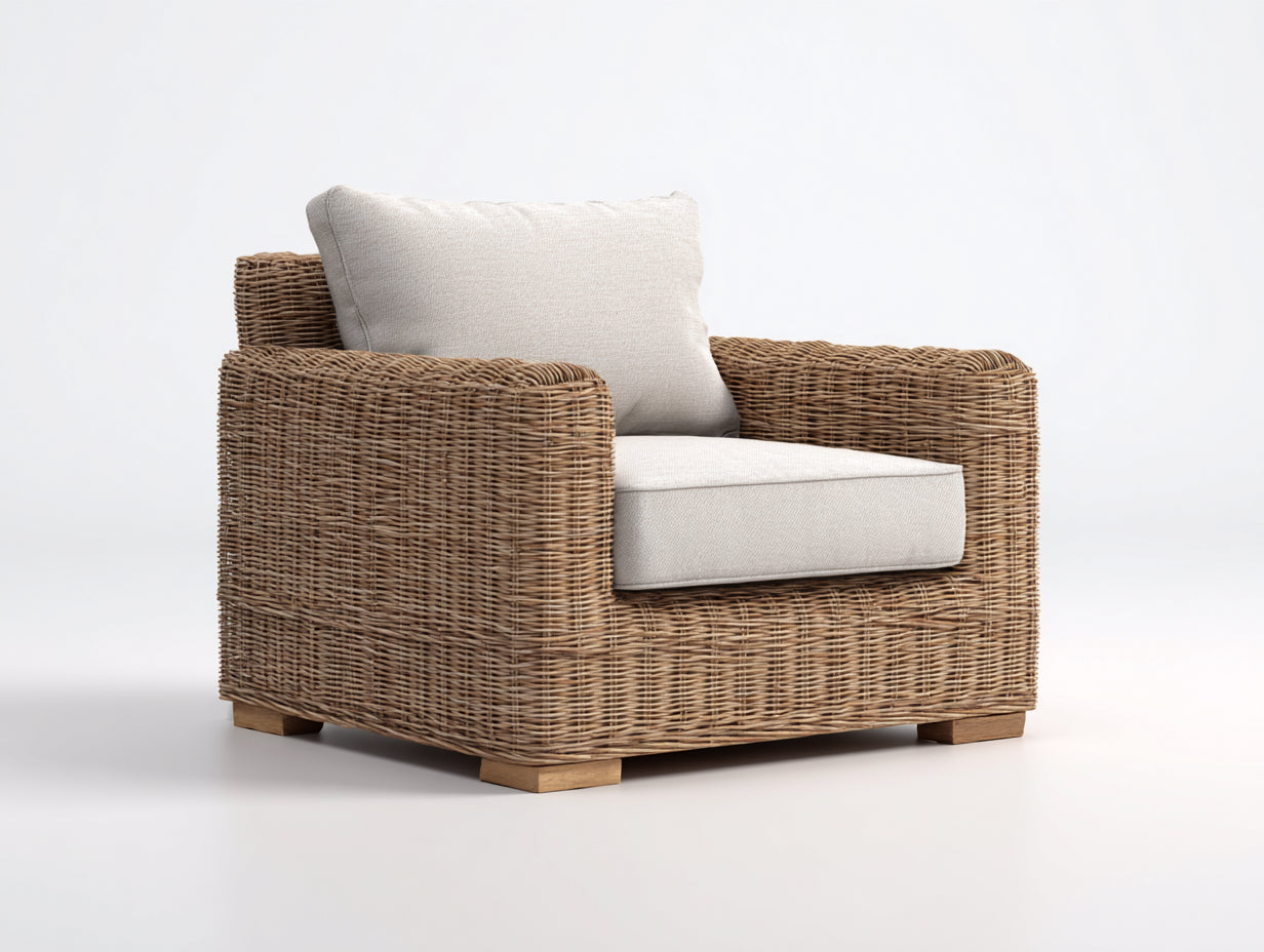 Fauteuil en rotin - rotin-tissu-bois - 104 x 92 x 82 cm - beige-miel - style bord de mer