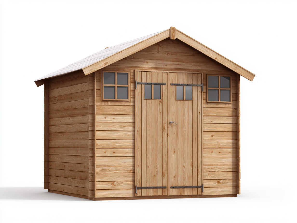 Abri de jardin - Bois - 300x220x245 cm - Bois naturel - Rustique avec double porte et fenêtres