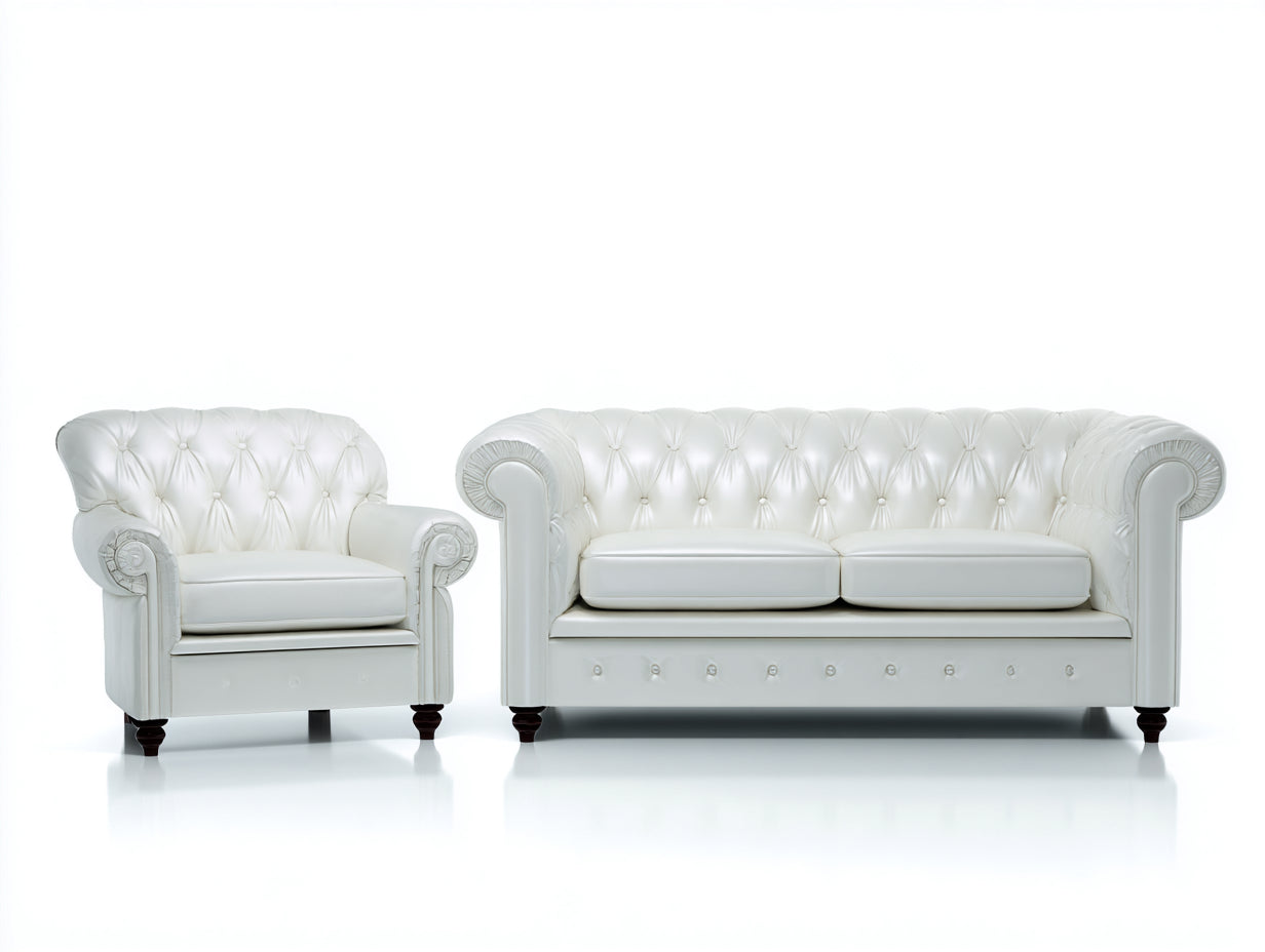 Ensemble de canapés-cuir synthétique-bois-190x86x86 cm-blanc cassé-style chesterfield capitonné