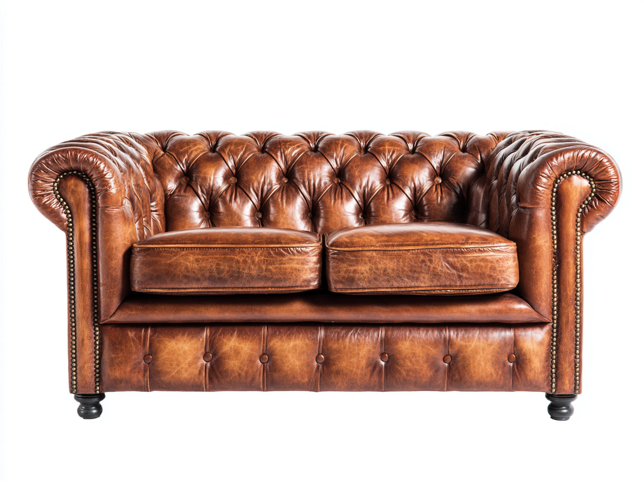 Canapé 2 places - cuir-bois-métal - 172 x 88 x 78 cm - marron cognac - style chesterfield