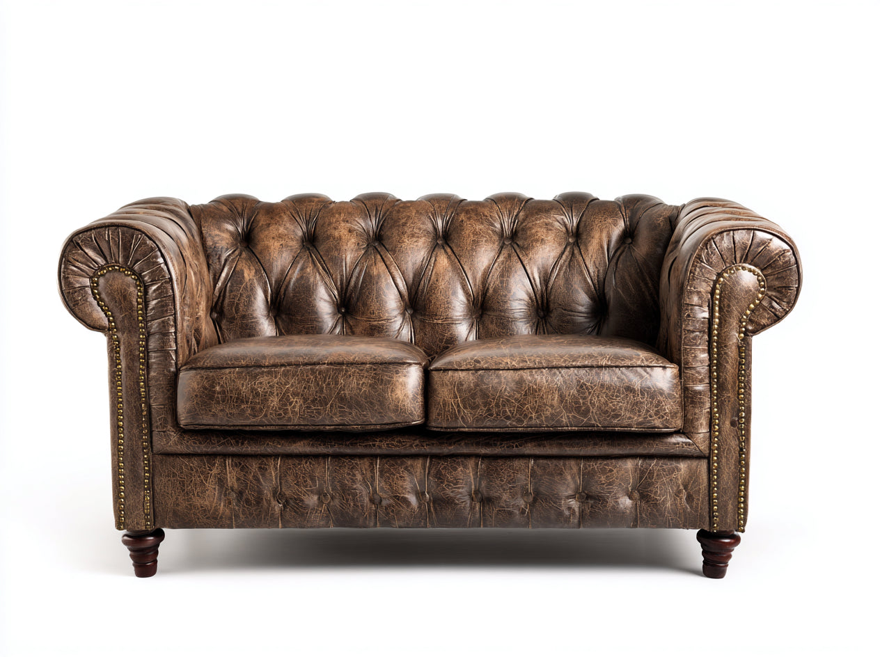Canapé 2 places - cuir-bois-métal - 170 x 86 x 77 cm - brun foncé - style chesterfield