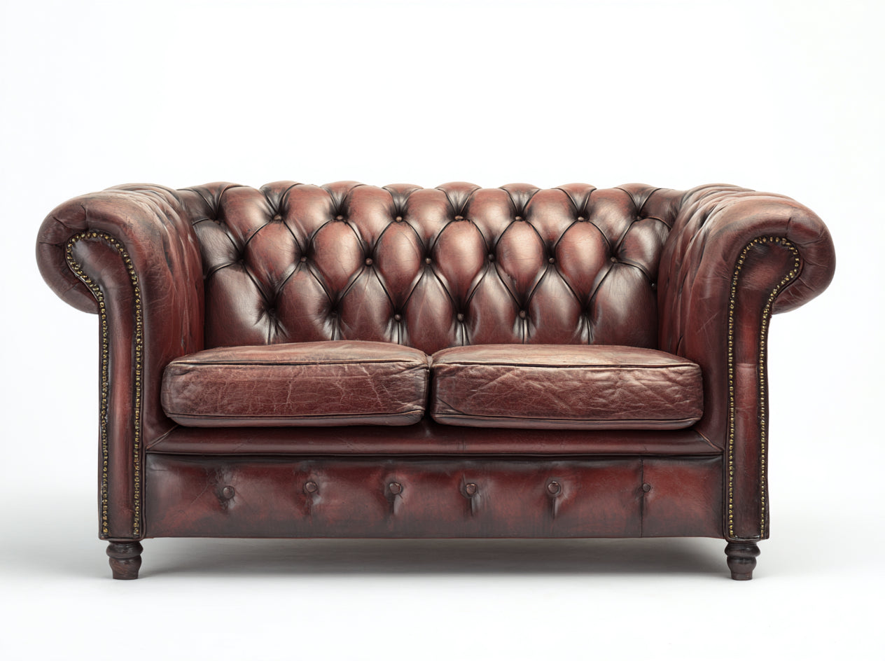 Canapé 2 places - cuir-bois-métal - 174 x 89 x 80 cm - bordeaux brun - style chesterfield