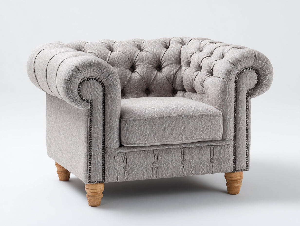 Fauteuil-tissu-bois-120x87x79 cm-gris clair-bois naturel-style chesterfield capitonné