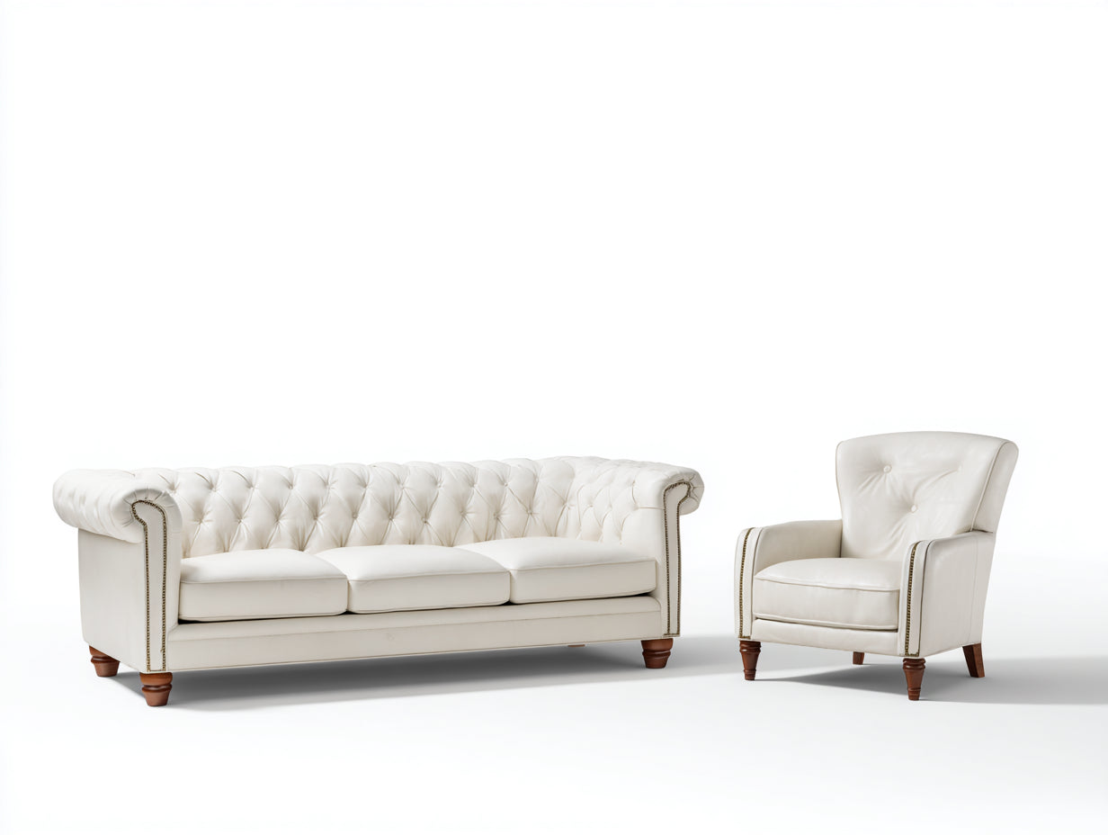 Ensemble de canapés-cuir synthétique-218x88x82 cm-blanc crème-classique Chesterfield