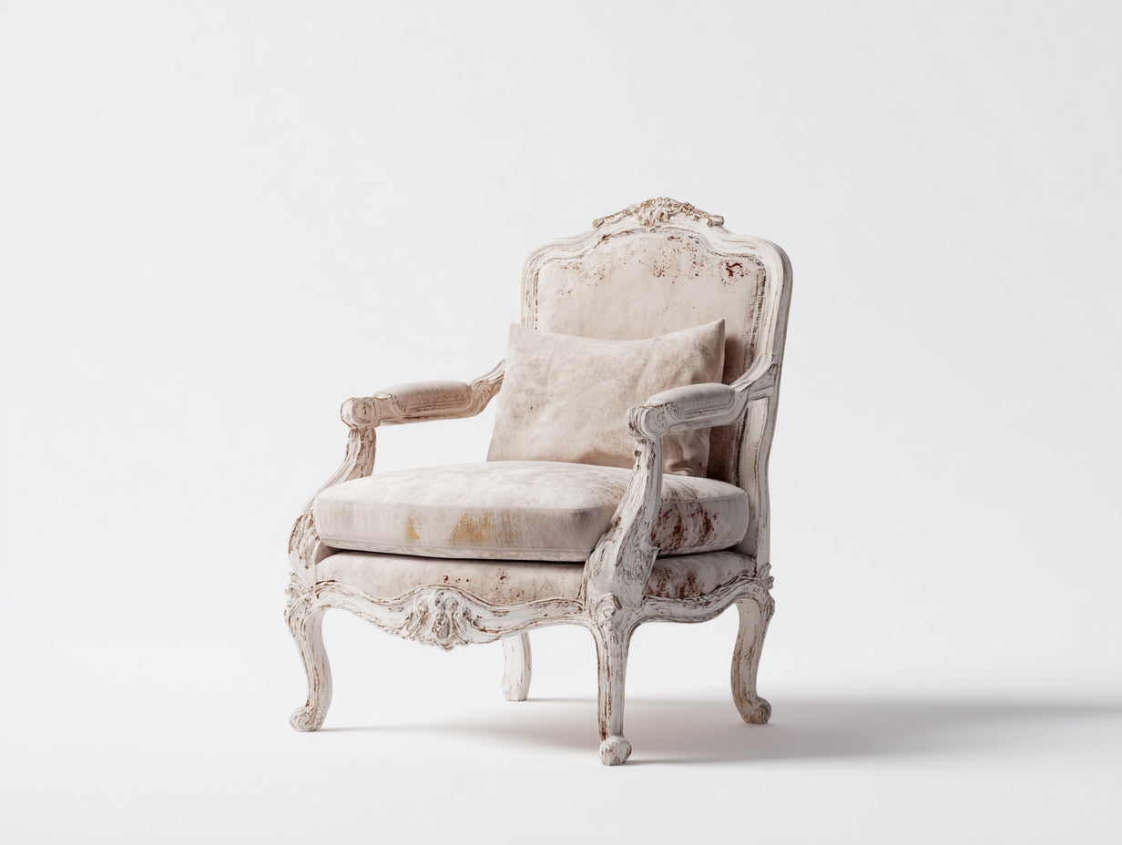 Fauteuil-tissu-bois-92x82x98 cm-blanc vieilli-style classique sculpté