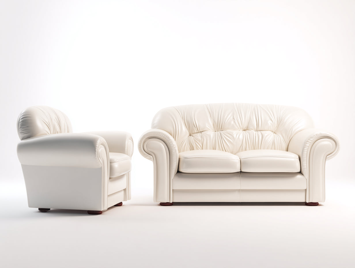 Ensemble de canapés-cuir synthétique-bois-192x86x88 cm-blanc crème-style classique capitonné