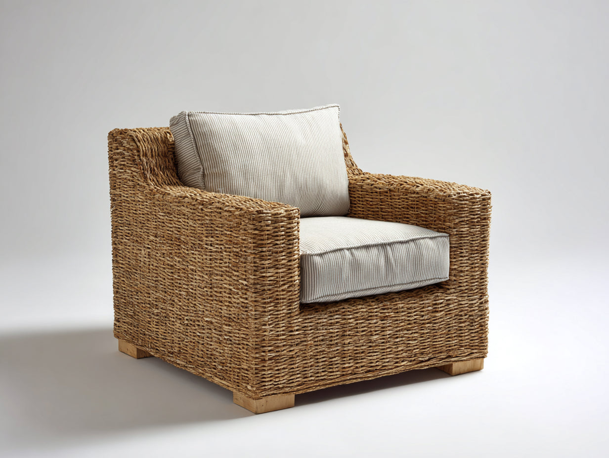 Fauteuil en rotin - rotin-tissu-bois - 101 x 90 x 81 cm - beige doré-miel - style artisanal