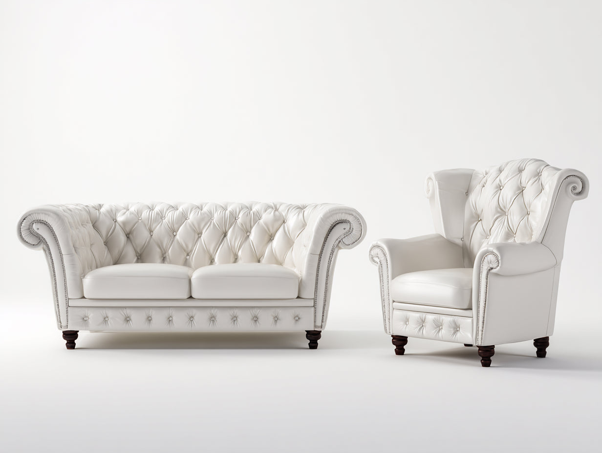 Ensemble de canapés-cuir synthétique-bois-métal-188x84x78 cm-blanc crème-style chesterfield capitonné
