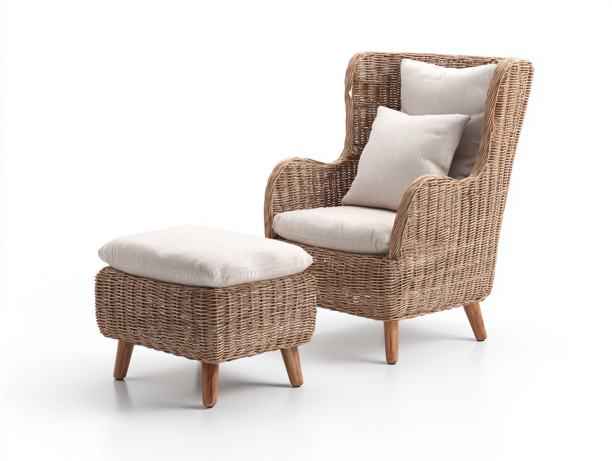 Fauteuil en rotin - rotin-tissu-bois - 76 x 86 x 112 cm - beige-miel - style vintage