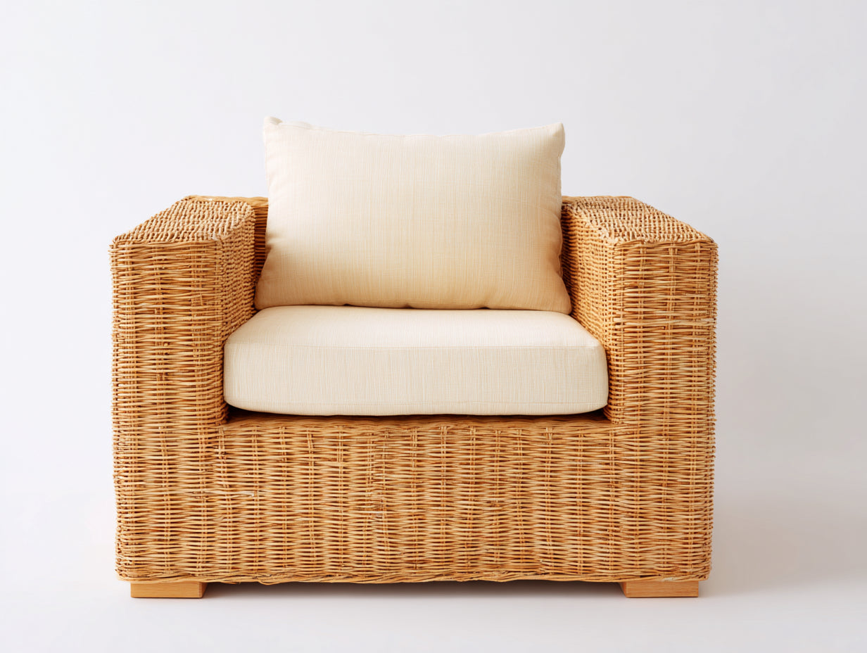 Fauteuil en rotin - rotin-tissu-bois - 100 x 89 x 80 cm - crème-miel - style bord de mer
