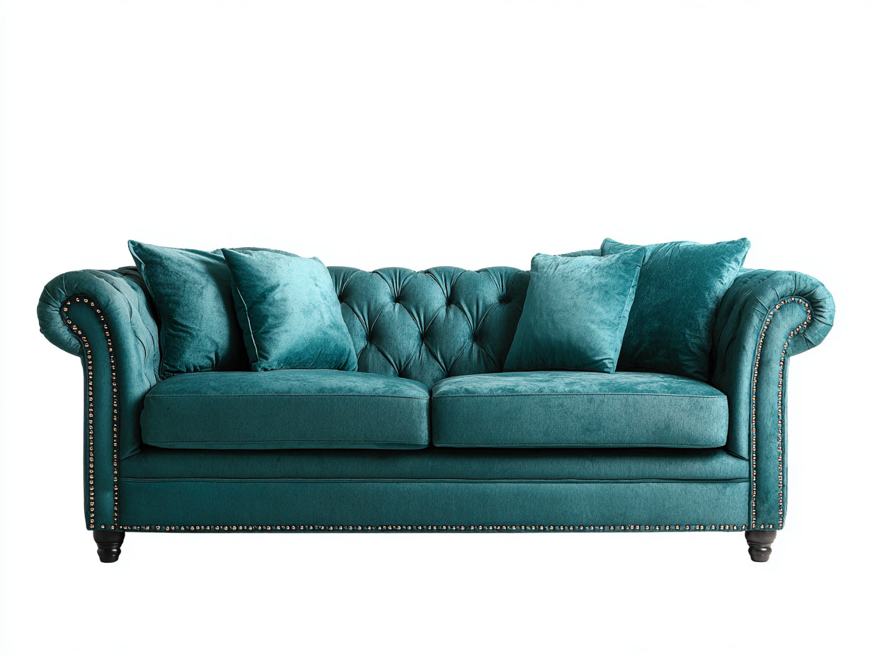 Canapé 2 places - velours-bois-métal - 185 x 88 x 76 cm - bleu pétrole - style chesterfield