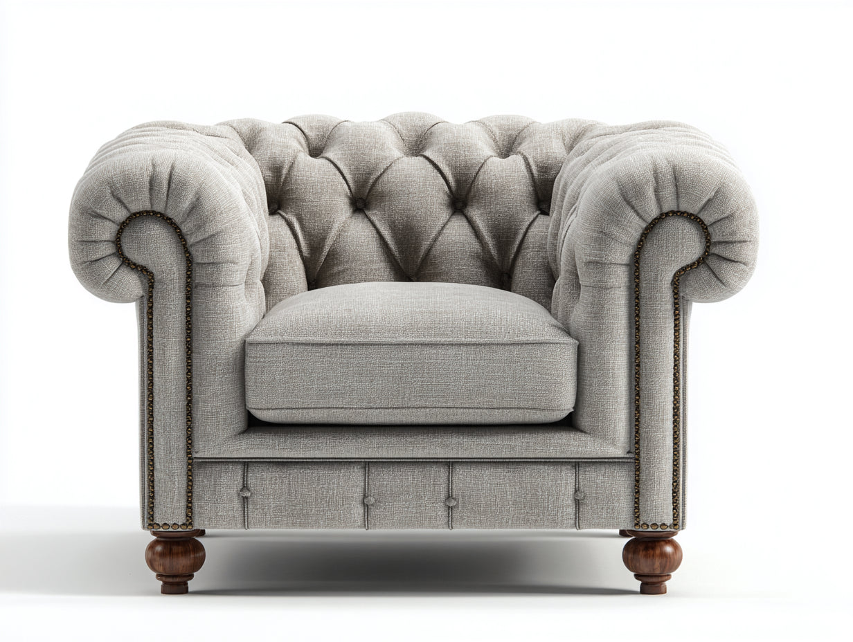 Fauteuil-tissu-bois-118x86x78 cm-gris clair-bois foncé-style chesterfield capitonné